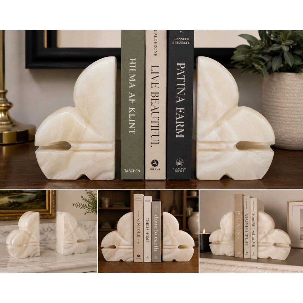 Vintage Alabaster Bookends Carved Leaf Botanical Mid Century Modern Sculptural